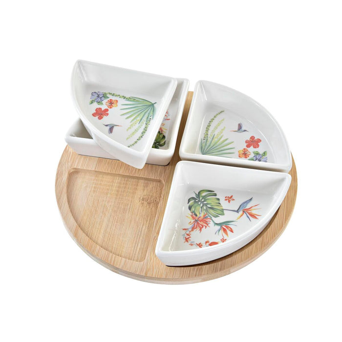 Appetizer Set DKD Home Decor White Multicolour Natural Bamboo Stoneware Tropical 21,5 x 21,5 x 1 cm (5 pcs)