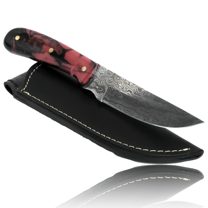 YUMA Damascus Steel Skinner Knife 5 inch blade with Original Cow leather sheath