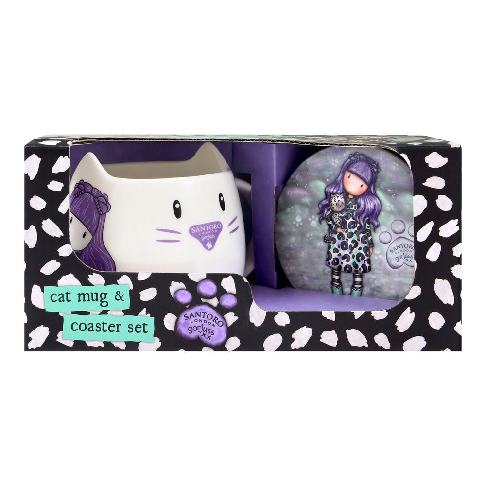 Set Gorjuss Smitten kitten Cup Coasters 2 Pieces Ceramic Black White