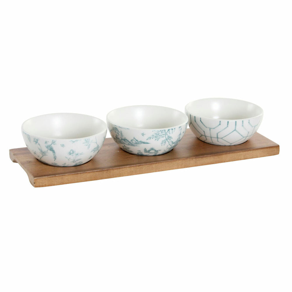 Appetizer Set DKD Home Decor White Navy Blue Porcelain Acacia Plastic Oriental 4 Pieces 30 x 9,5 x 1,3 cm