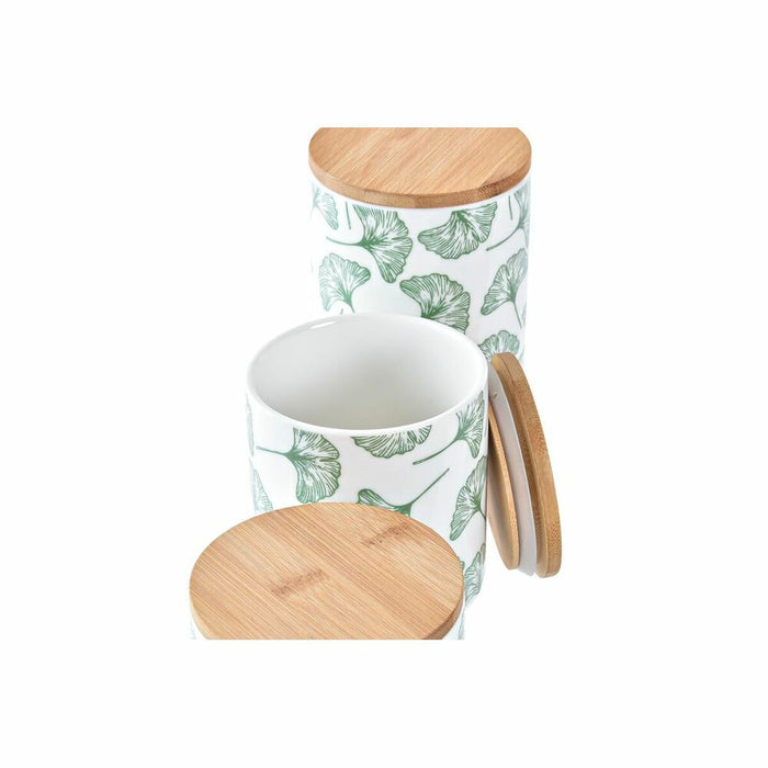 3 Tubs DKD Home Decor Natural White Green Bamboo Stoneware Tropical 10 x 10 x 17 cm