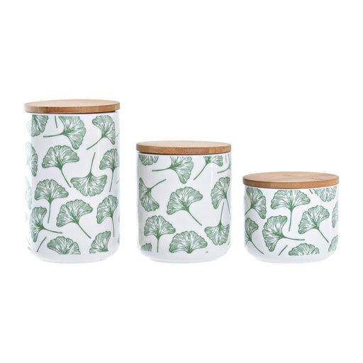 3 Tubs DKD Home Decor Natural White Green Bamboo Stoneware Tropical 10 x 10 x 17 cm