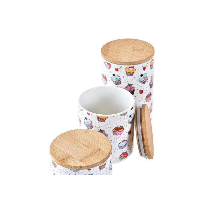 3 Tubs DKD Home Decor Natural White Multicolour Bamboo Stoneware 10 x 10 x 17 cm Cupcake