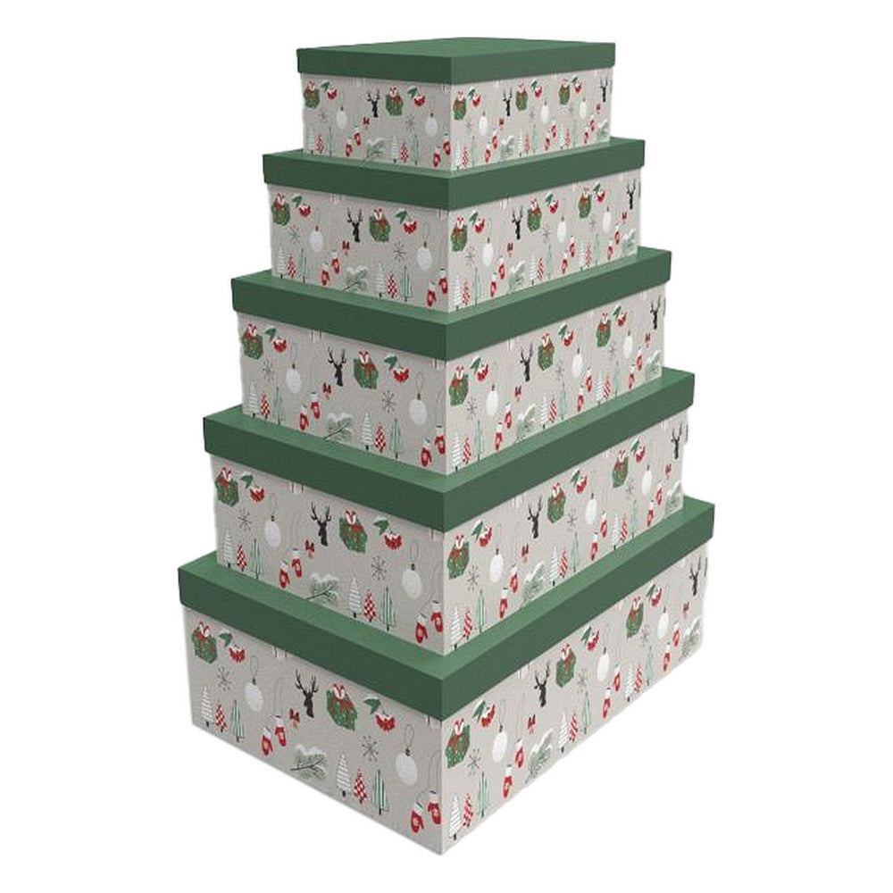 Set of Stackable Organising Boxes DKD Home Decor Green Grey Cardboard 50 x 35 x 25 cm (5 Units)