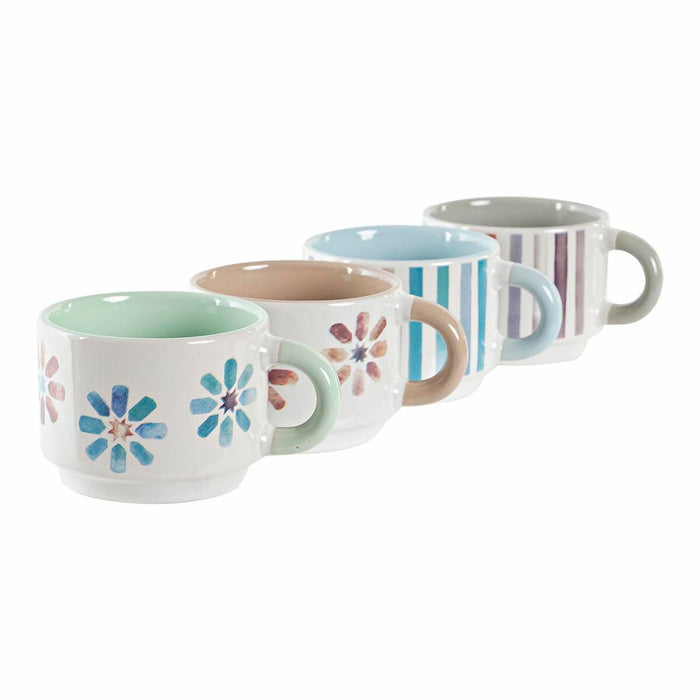 Piece Coffee Cup Set DKD Home Decor Stripes Flowers Metal Stoneware 150 ml 4 Pieces