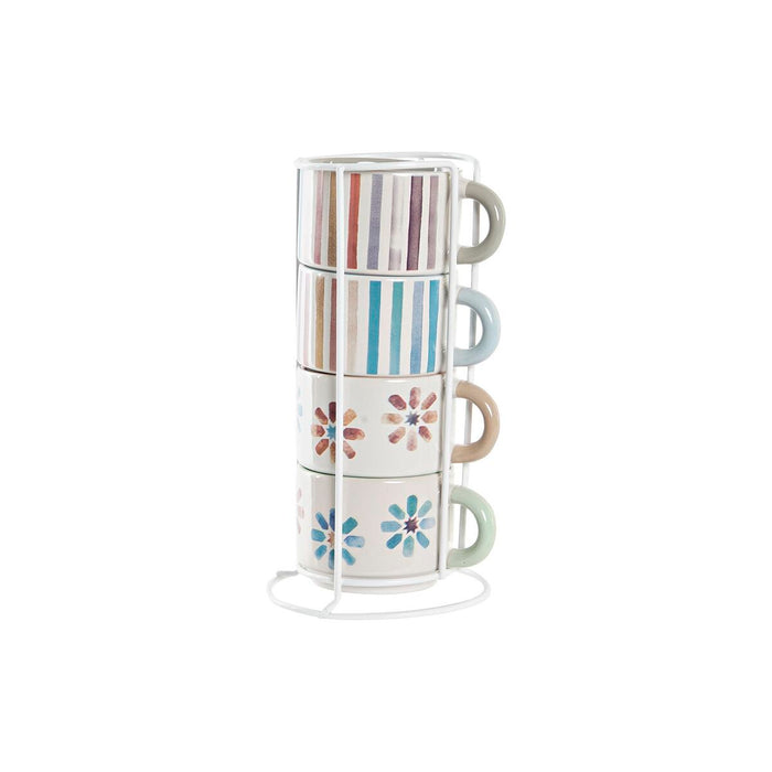 Piece Coffee Cup Set DKD Home Decor Stripes Flowers Metal Stoneware 150 ml 4 Pieces