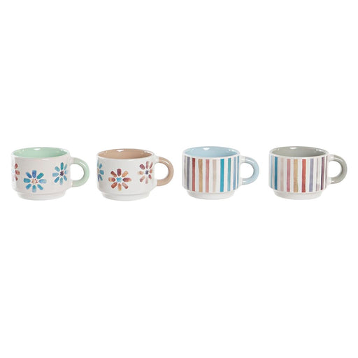 Piece Coffee Cup Set DKD Home Decor Stripes Flowers Metal Stoneware 150 ml 4 Pieces