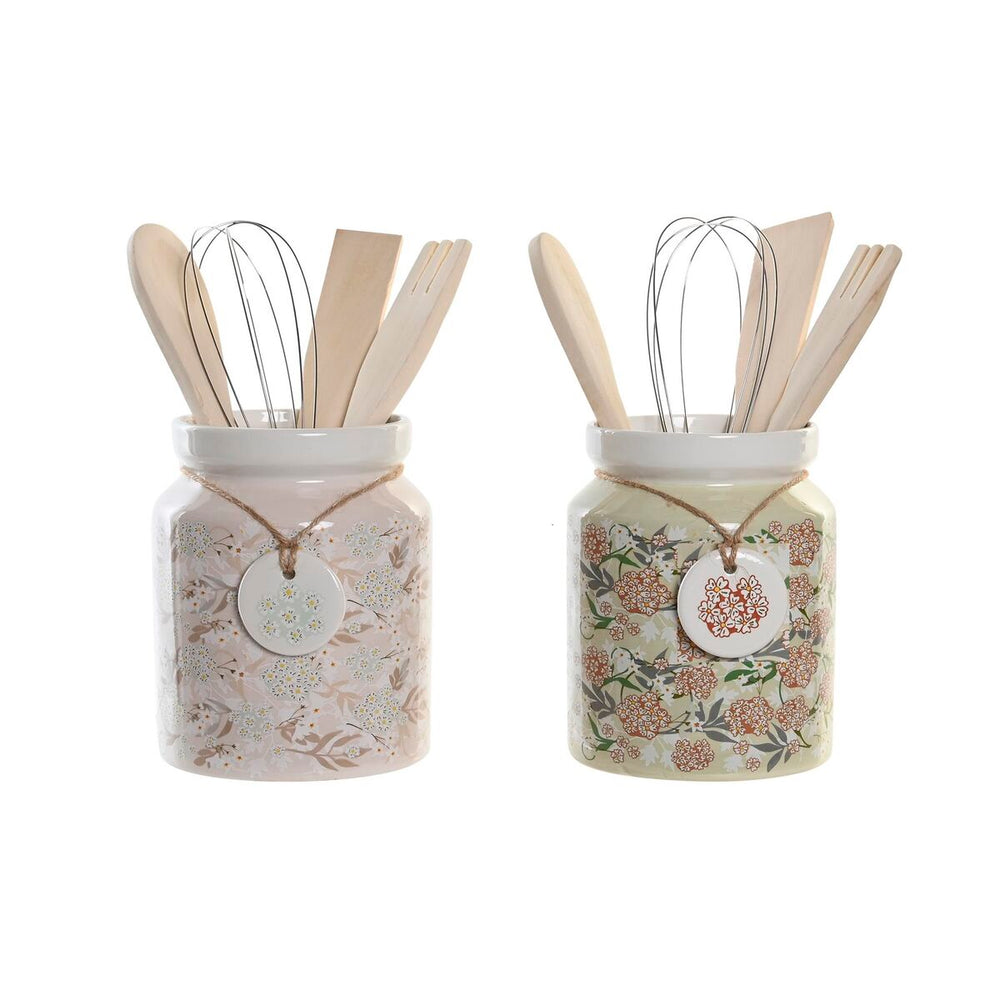 Set of Kitchen Utensils DKD Home Decor Pink Flowers Dolomite MDF Wood 12 x 12 x 25 cm (2 Units) (5 Units)