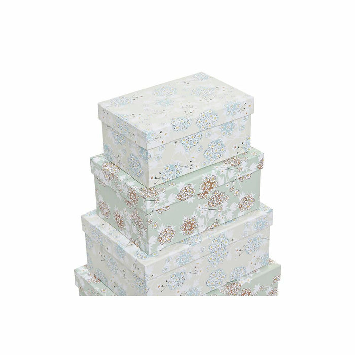 Set of Stackable Organising Boxes DKD Home Decor Beige Green Flowers Cardboard (43,5 x 33,5 x 15,5 cm)