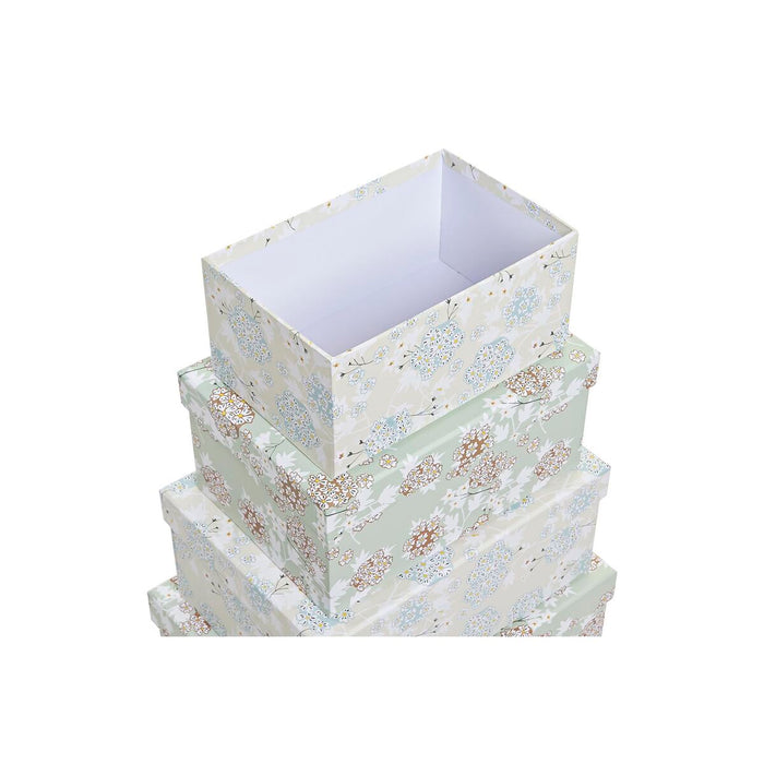 Set of Stackable Organising Boxes DKD Home Decor Beige Green Flowers Cardboard (43,5 x 33,5 x 15,5 cm)