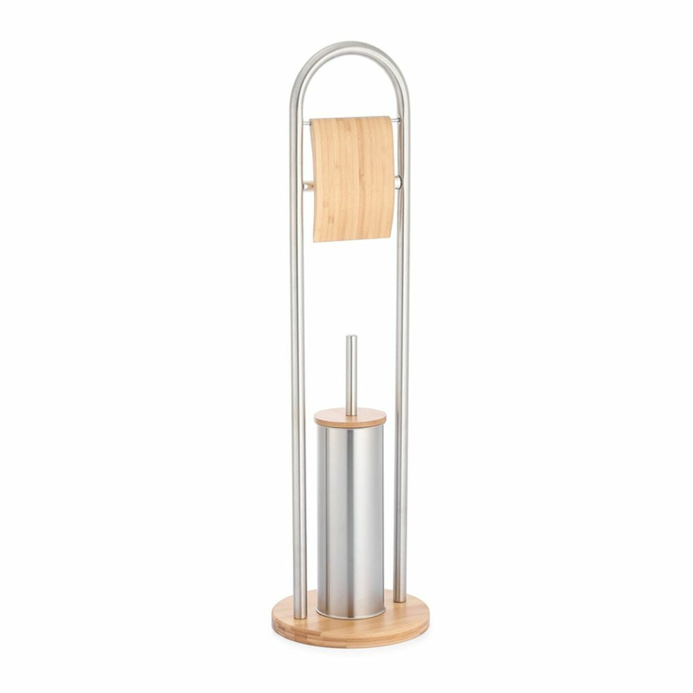 Toilet Paper Holder with Brush Stand DKD Home Decor Silver Natural Bamboo Stainless steel 22 x 22 x 80 cm