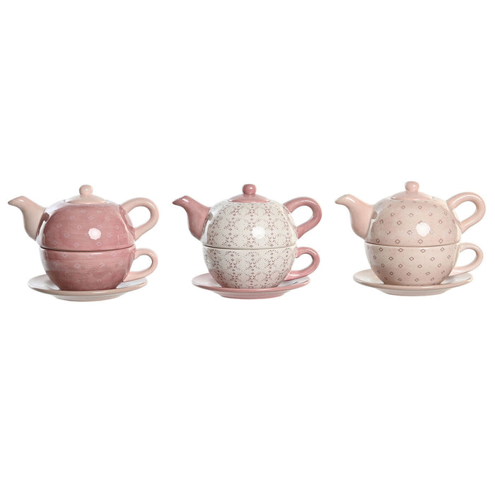 Tea Set DKD Home Decor Pink White 750 ml Dolomite (3 Units)