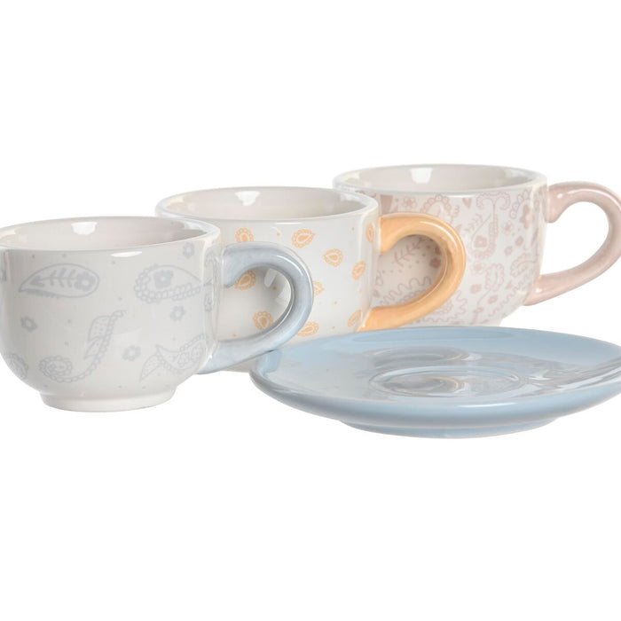 Set of Mugs with Saucers DKD Home Decor Blue Pink Metal Yellow 180 ml Dolomite