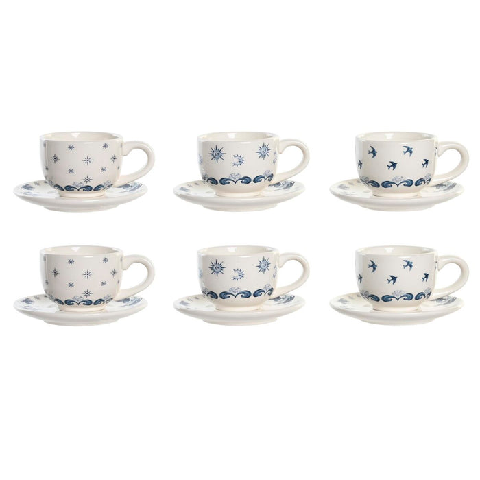 Set of Mugs with Saucers DKD Home Decor Blue Metal White 180 ml Dolomite