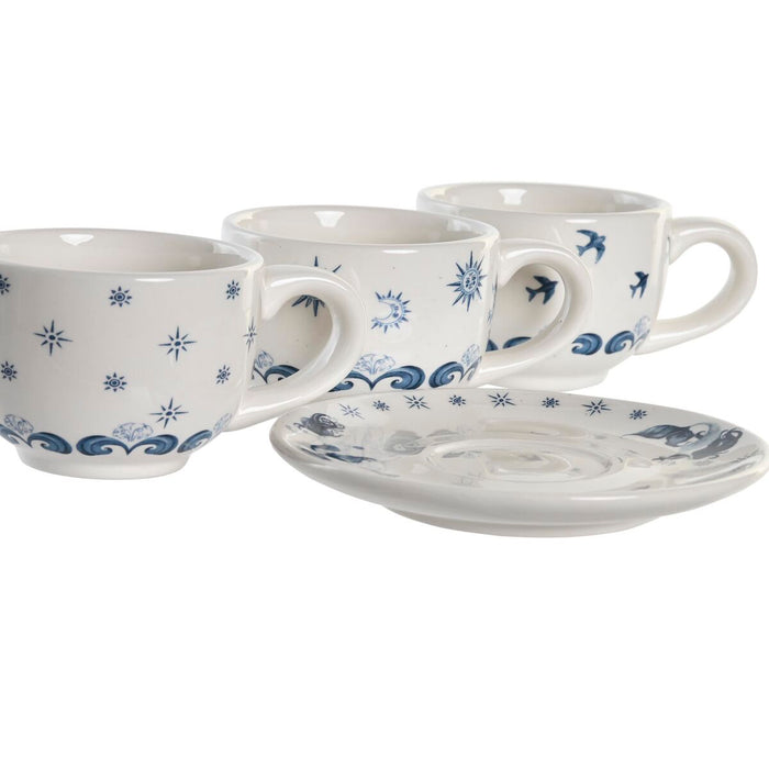 Set of Mugs with Saucers DKD Home Decor Blue Metal White 180 ml Dolomite