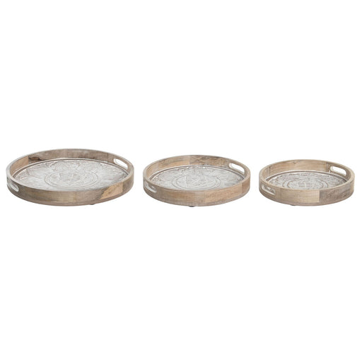 Set of trays DKD Home Decor White Brown Mango wood Floral Arab 39 x 39 x 4,5 cm