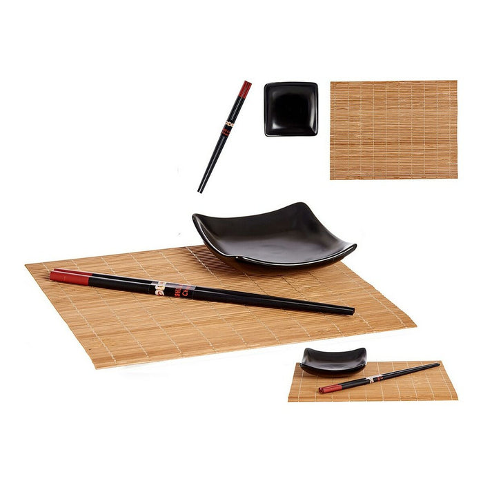Sushi Set Black Brown Ceramic Bamboo (6 pcs)