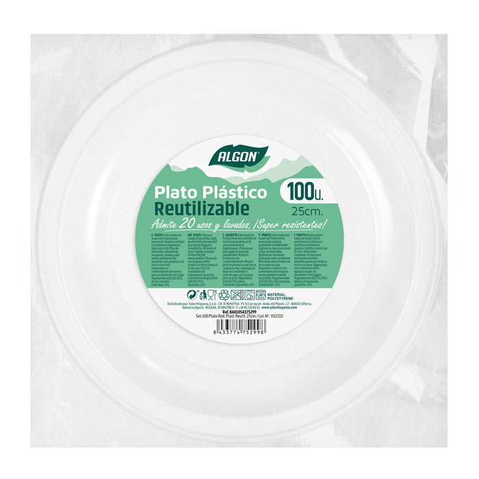 Set of reusable plates Algon Circular White 25 x 25 x 2,5 cm Plastic 100 Units