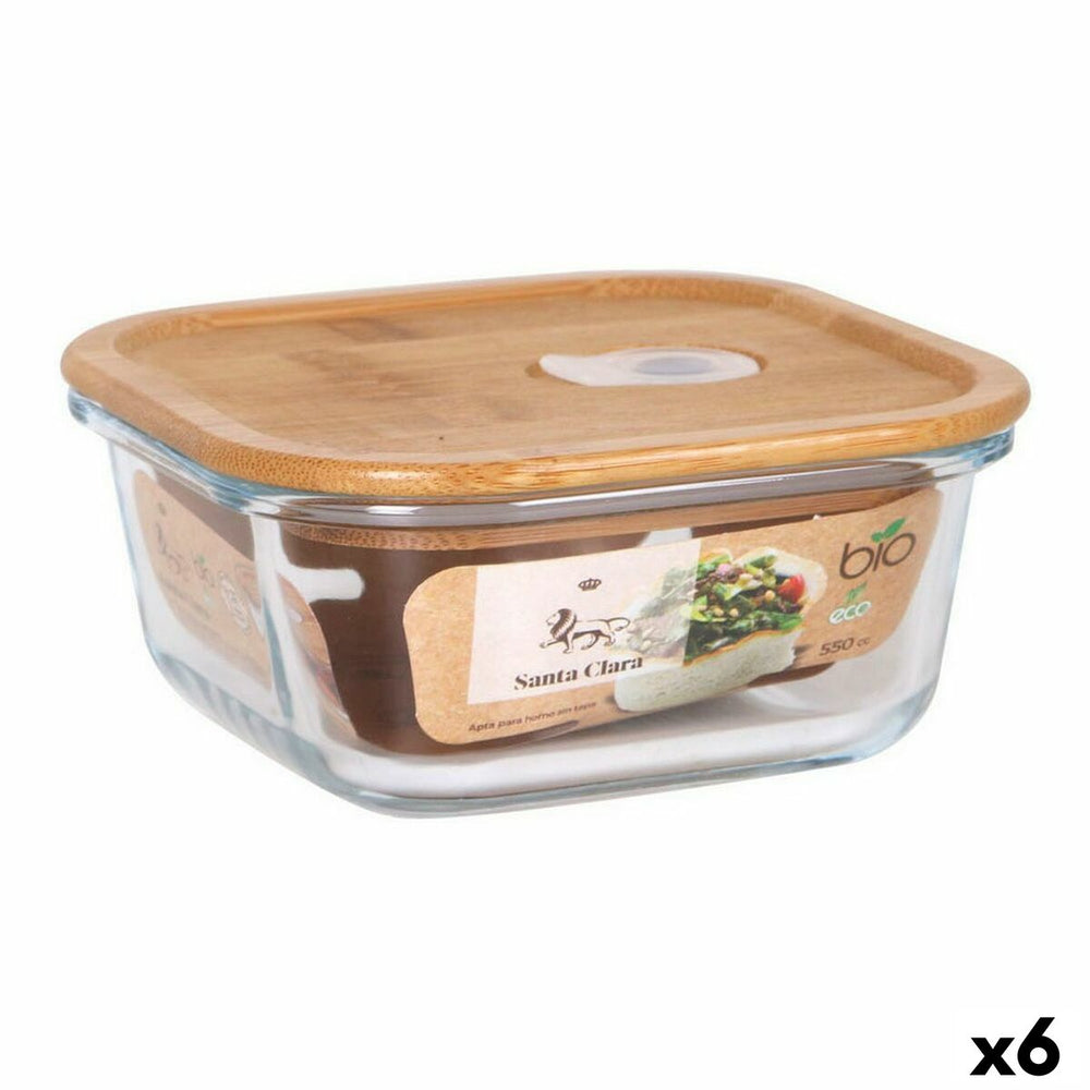 Square Lunch Box with Lid Santa Clara   Bamboo Borosilicate Glass 550 ml 14 x 14 x 6 cm (6 Units)
