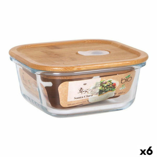 Square Lunch Box with Lid Santa Clara   Bamboo Borosilicate Glass 550 ml 14 x 14 x 6 cm (6 Units)