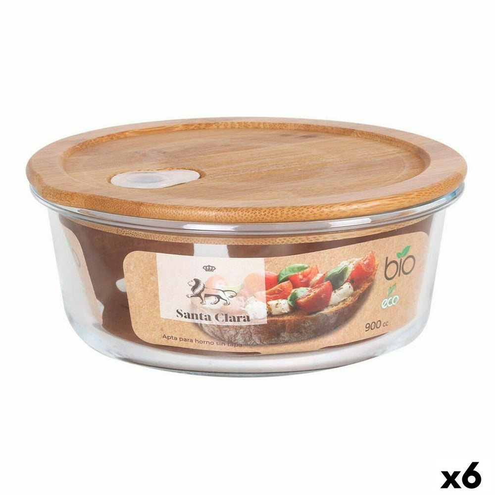 Round Lunch Box with Lid Santa Clara   Bamboo Borosilicate Glass 900 ml 18 x 17,3 x 7 cm (6 Units)