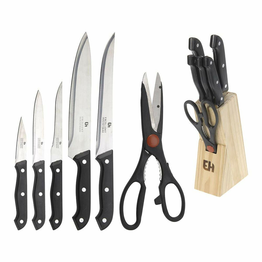 Set of Kitchen Knives and Stand Excellent Houseware Scissors 7 Pieces Black Wood Stainless steel polypropylene