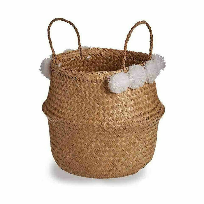 Decorative basket Pompoms White Natural Rushes 15 L 40 x 51 x 40 cm (8 Units)