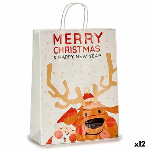 Paper Bag Merry Christmas Reindeer Father Christmas White 35 x 15 x 42 cm (12 Units)